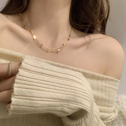 Doppelstöckige Titanstahl Halskette Kleine Quadratische Perlen Schlangenkette Minimalistischer Halsschmuck Damen Gold Silber
