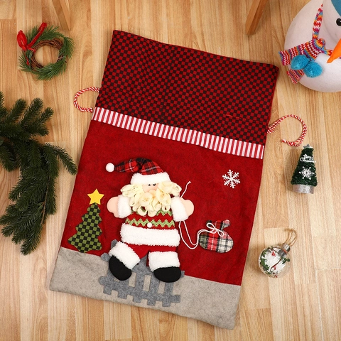 Weihnachts Geschenktüten Großer Kordelzugbeutel Stoff 3D Applikation Weihnachtsmann Schneemann Rentier Kariert Party Deko