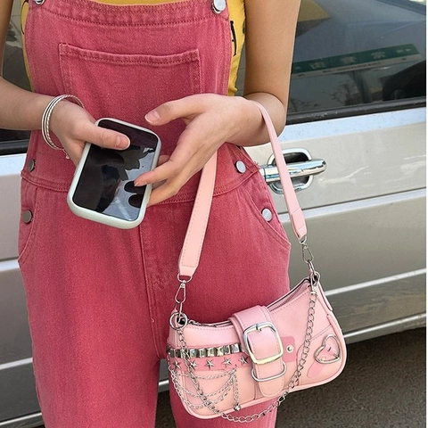 Pink PU Leather Baguette Underarm Bag Y2K Star Rivets Metal Chain Heart Buckle Adjustable Strap Shoulder Bag