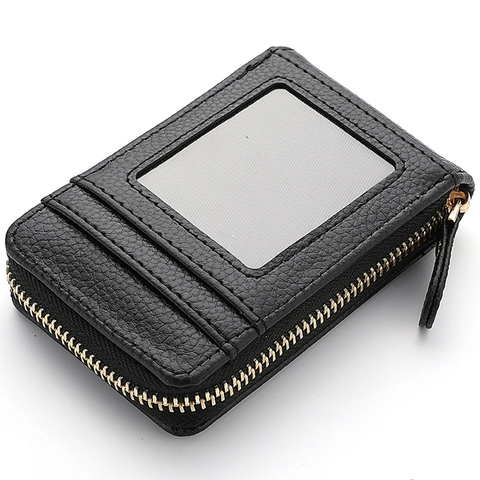 Litchi Texture PU Leather Accordion Card Holder Multi Slot ID Window Zipper Coin Purse Minimalist Wallet For Women Men