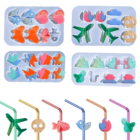 Straw Topper Silicone Molds DIY Craft Resin Casting For Drinking Decoration Heart Airplane Shapes Food Grade Reusable