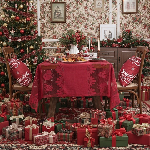 Vintage Rot Weihnachten Spitze Tischdecke Polyester Ausschnitt Festliches Muster Rechteckig Rund Tischdecke Für Party