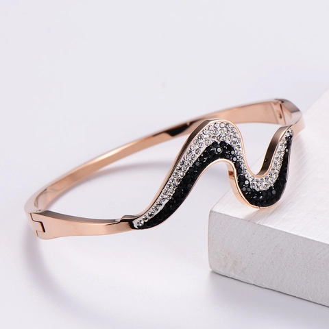Bracciale Rigido A Onda In Acciaio Inossidabile Con Strass Neri E Bianchi Gioielli Di Lusso Minimalisti Per Donna