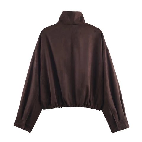 Chaqueta De Gamuza Sintética Para Mujer Cuello Alto Cremallera Color Sólido Bomber Casual Corto Moda Vintage Marrón