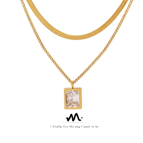 Double Layer Necklace Titanium Steel Rectangular Zircon Pendant Layered Snake Chain Gold Plated Minimalist For Women