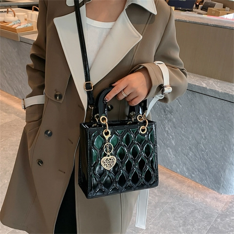 Patent Leather Quilted Handbag With Heart Charm Gold Hardware Top Handle Chain Strap Crossbody Evening Bag
