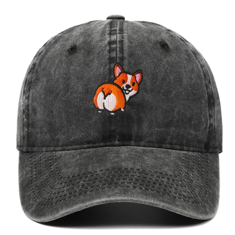 Washed Cotton Baseball Cap Cute Corgi Dog Embroidery Vintage Sun Protection Outdoor Sports Adjustable Hat Unisex