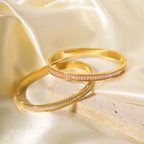 Baguette Pink Cubic Zirconia Bangle 18K Gold Plated Stainless Steel Hinge Bracelet For Women Ins Minimalist Jewelry