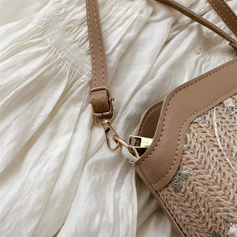 Sac Seau En Paille Broderie Florale Cuir PU Sac À Épaule Bandoulière Été Vacances Style Boho Pour Femmes