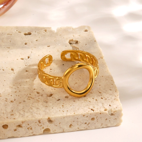 Stainless Steel Geometric Hollow Oval Open Ring For Women Fashion Gold Silver Chain Texture Adjustable Finger Ring Jewelry