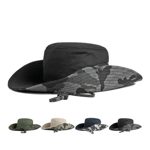 Outdoor Camouflage Bucket Hat Cotton Wide Brim Sun Protection Fishing Hiking Boonie Hat With Windproof Rope For Men
