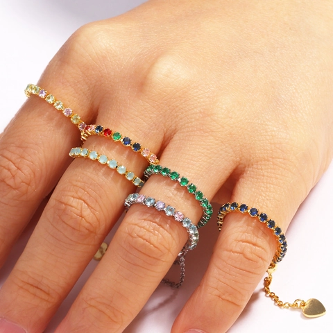 Anello A Catena Regolabile Rame Zircone Colorato Gioielli Tennis Con Ciondolo A Cuore Chiusura A Scorrimento Per Donna
