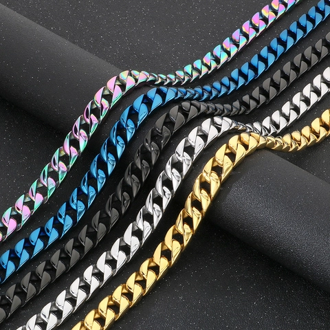 Collana Uomo Catena Cubana Titanio Acciaio Inossidabile Lucidato Hiphop Punk Streetwear Gioielli Oro Argento Nero Blu