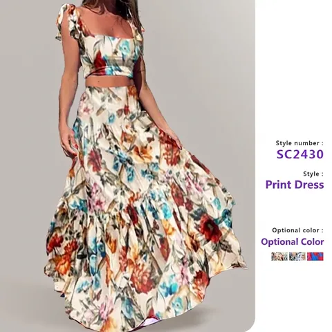 Women Floral Print Square Neck Crop Top And High Waist Tiered Maxi Skirt Summer Beach Bohemian Vacation Outfit