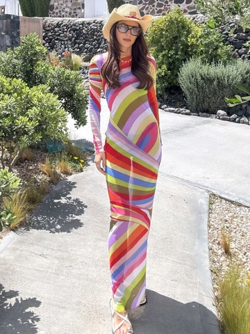 Sexy Mesh Bodycon Maxi Jurk Ronde Hals Lange Mouwen Psychedelische Swirl Print Kleurrijk Vintage Streetwear Dames