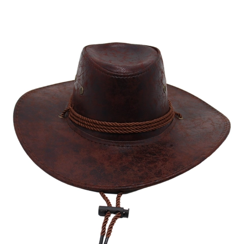 Western Cowboy Hat Faux Leather Textured Wide Brim Braided Rope Adjustable Chin Strap Retro American Style Unisex