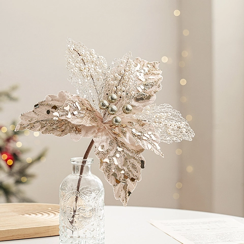 Artificial Christmas Poinsettia Flowers Glitter Sequin Velvet Sparkling Tree Ornaments Festive Home Party Decor Photo Props Elegant
