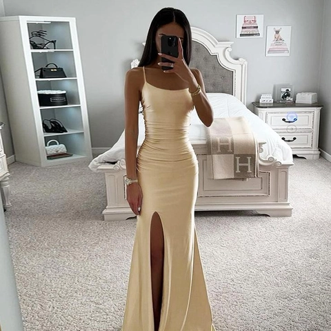 Sexy Spaghetti Strap Satin Maxi Dress High Split Ruched Fishtail Slim Fit Evening Party Formal Clubwear For Women