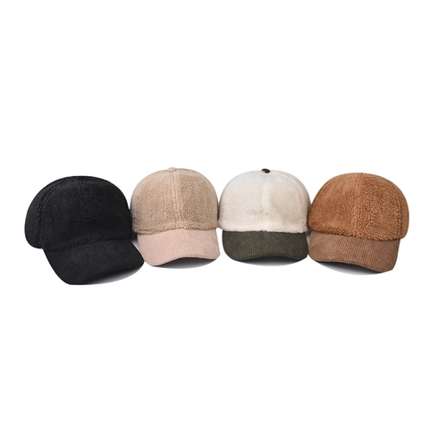 Winter Warm Baseball Cap Lamb Wool Corduroy Patchwork Thick Adjustable Windproof Retro Outdoor Snapback