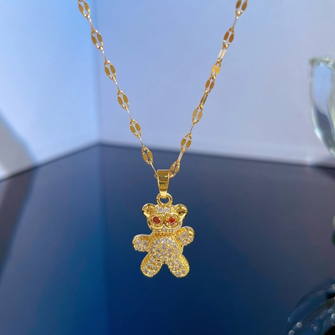 Teddy Bear Pendant Necklace Titanium Steel Chain Copper Micro Paved Rhinestone Zircon Shiny Luxury Jewelry For Women