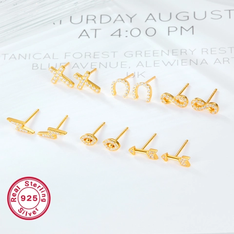 Zircon Stud Earrings 925 Sterling Silver Earring Post Lightning Cross Evil Eye Infinity Arrow Horseshoe Minimalist Jewelry