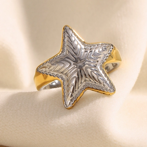 Anello Aperto Stella Marina Acciaio Inossidabile Placcato Oro 18K Bicolore Strutturato Tema Oceano Gioielli Da Donna