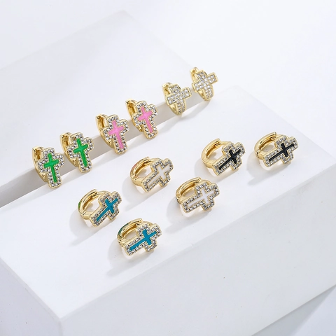 Kruis Hoop Oorbellen Koper 18K Verguld Zirkoon Emaille Mini Huggie Sierlijke Sieraden Voor Dames