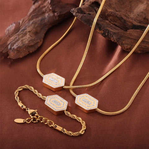 Elegante Collana E Bracciale Francese Con Ciondolo Esagonale In Strass Accessorio In Acciaio Inossidabile Placcato Oro Gioielli Per Donna