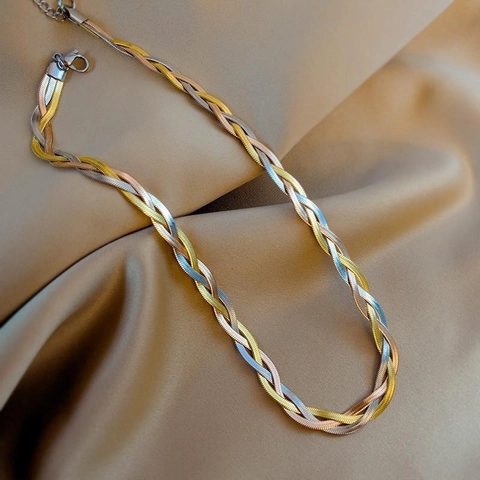 Braided Flat Herringbone Multi Strand Necklace Titanium Steel Minimalist Snake Chain Jewelry For Women Elegant Chic