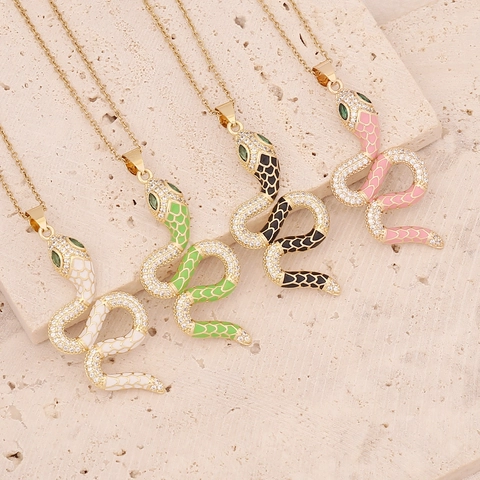 Enamel Snake Pendant Necklace Copper Micro Pave Zircon Stainless Steel Chain Animal Jewelry Women Gift
