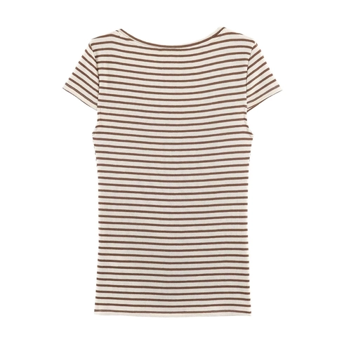 Damen Rippstrick T-Shirt Kurzarm Rundhals Braun Weiß Gestreift Slim Fit Lässiges Täglich Basic Oberteil