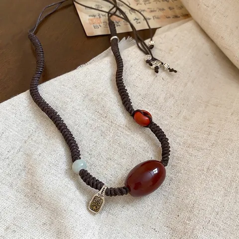Collana Di Perle Fatta A Mano Agata Rodocrosite Giadeite Corda Di Cera Regolabile Stile Etnico Vintage Ciondolo In Metallo Argentato
