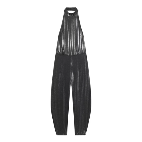 Tuta Da Donna Con Scollo All'americana Schiena Scoperta Lucida Metallica Gamba Larga Pantaloni Lanterna Elegante Festa Senza Maniche