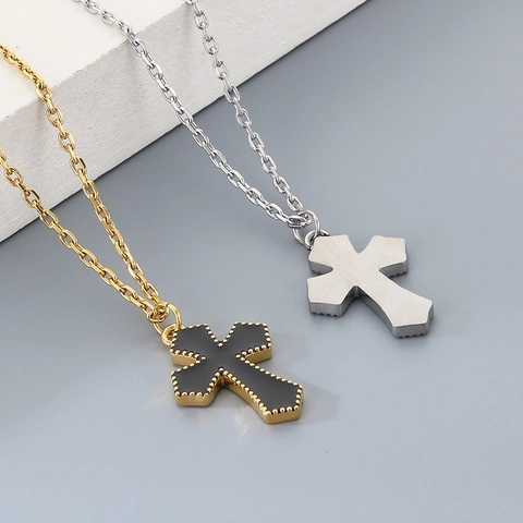 Cross Pendant Necklace Stainless Steel Black Enamel Beaded Edge Minimalist Jewelry For Men Women