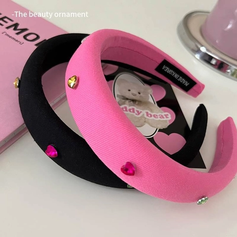 Padded Sponge Headband With Colorful Heart Rhinestones Sweet Fashion High Top Hair Band For Women Girls Korean Style