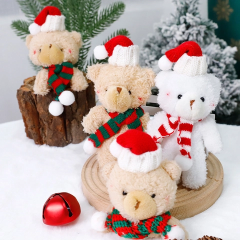 Christmas Teddy Bear Plush Doll With Knitted Hat And Scarf Jointed Miniature Holiday Home Ornament