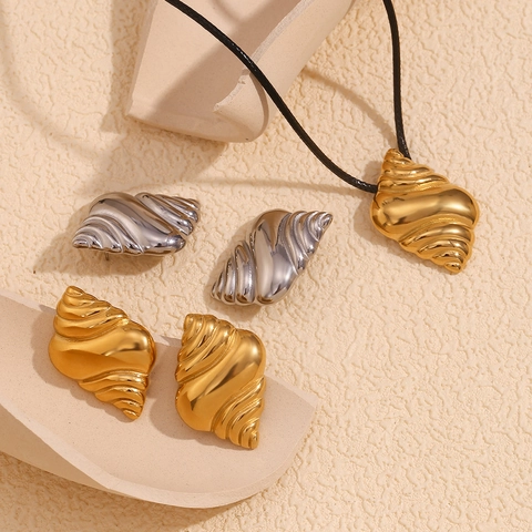 Collar De Cuerda De Cera Con Colgante De Concha Vintage Y Pendientes De Acero Inoxidable Joyería Oro 18K