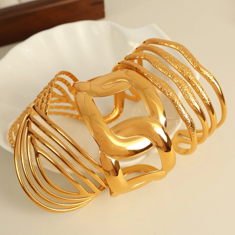 Wide Cuff Bracelet Stainless Steel 18K Gold Plated Hollow Geometric Wave Chain Link Multi Layer Open Bangle For Women