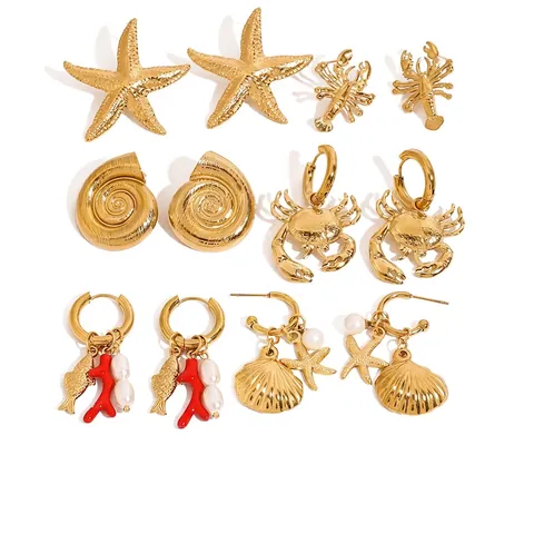 Orecchini Oceano Acciaio Inossidabile Placcato Oro Stella Marina Granchio Conchiglia Perla Artificial Corallo Gioielli Mare