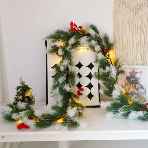 Artificial Christmas Pine Needle Garland Frosted Vine Red Berries Pine Cones For Festive Holiday Home Wall Decor