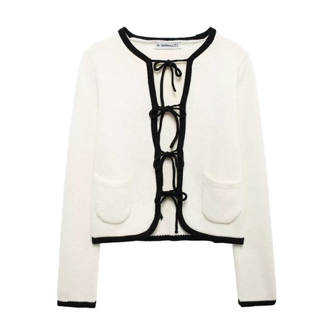 Damen Strickjacke Mit Kontrastbesatz Elegante Schleife Vorne Langarm Kurzpullover Mit Taschen Lässiger Stil