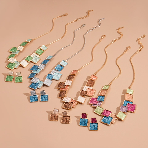 Geometric Square Necklace Earring Jewelry Alloy Enamel Colorful Textured Pendant Accessories Bohemian Women