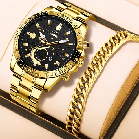 Orologio Al Quarzo Da Uomo E Bracciale A Catena Cubana Tono Oro Cinturino In Acciaio Inossidabile Business Casual Con Data Calendario Quadrante Nero