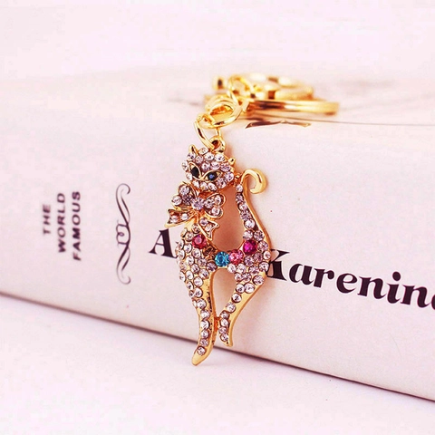 Simpatico Portachiavi a Forma di Gatto con Strass Elegante Ciondolo a Forma di Animale in Lega di Zinco Oro per Donna