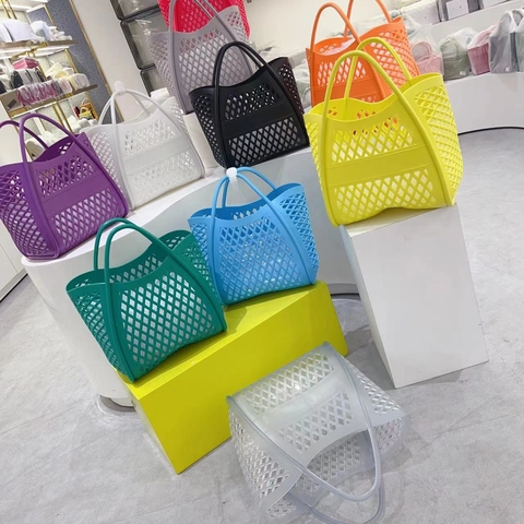Hollow Out Handbag PVC Jelly Beach Tote Summer Shopping Basket Mesh Grid Design Waterproof Portable Soft Plastic