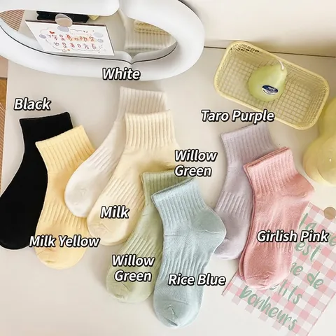Women Cotton Blend Socks Ribbed Breathable Soft Macaron Color Daily Casual Japanese Style Thin Summer