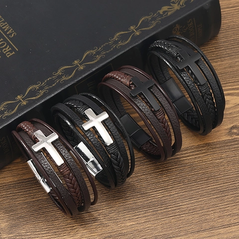 Bracelet Multi-Rangs En Cuir Tressé Avec Croix En Alliage Et Fermoir Magnétique Bijoux Style Punk Rétro Pour Homme