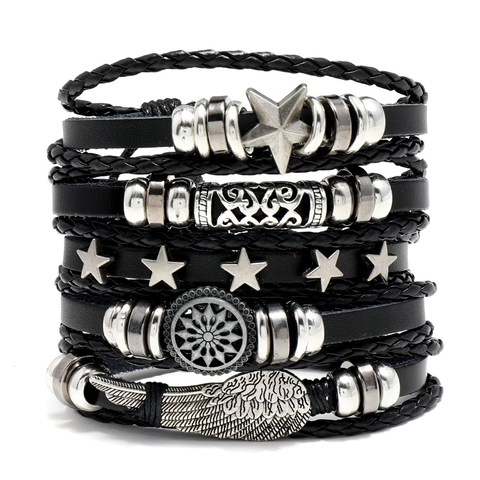 Punk Retro Multilayer Leather Bracelet Braided Wax Cord Alloy Wing Star Charms Wood Beads Adjustable Handband For Men