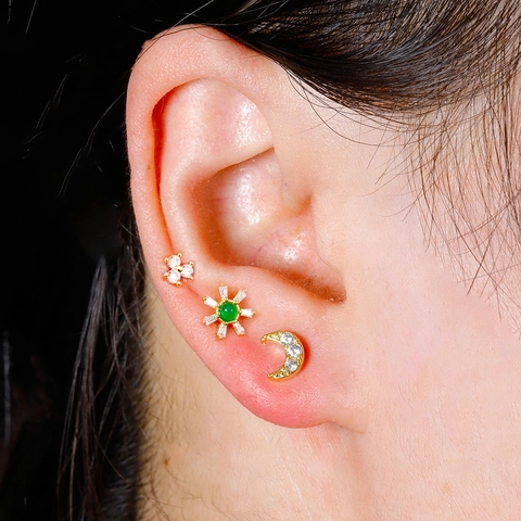 Stainless Steel Zirconia Moon Star Flower Stud Earring Set For Women Gold Silver Plated Green Stone Piercing Jewelry