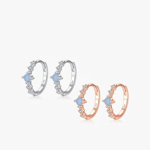 925 Sterling Silver Hoop Earrings With Light Blue Opal And Cubic Zirconia Japanese Style Dainty Jewelry For Women